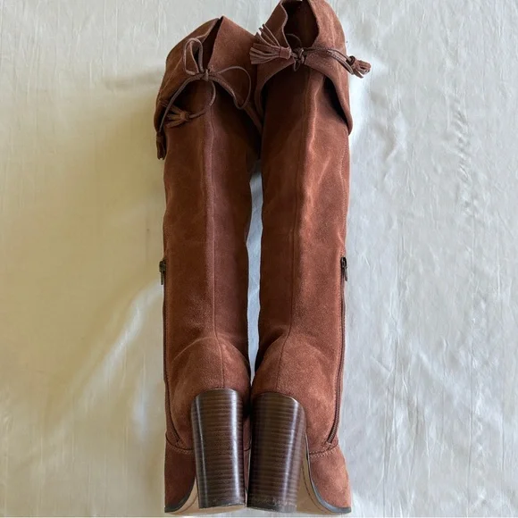 M4D3 Rafaelle Camel Brown Leather Boots Over Knee Tassel Ties Sz 9.5 - Picture 9 of 16